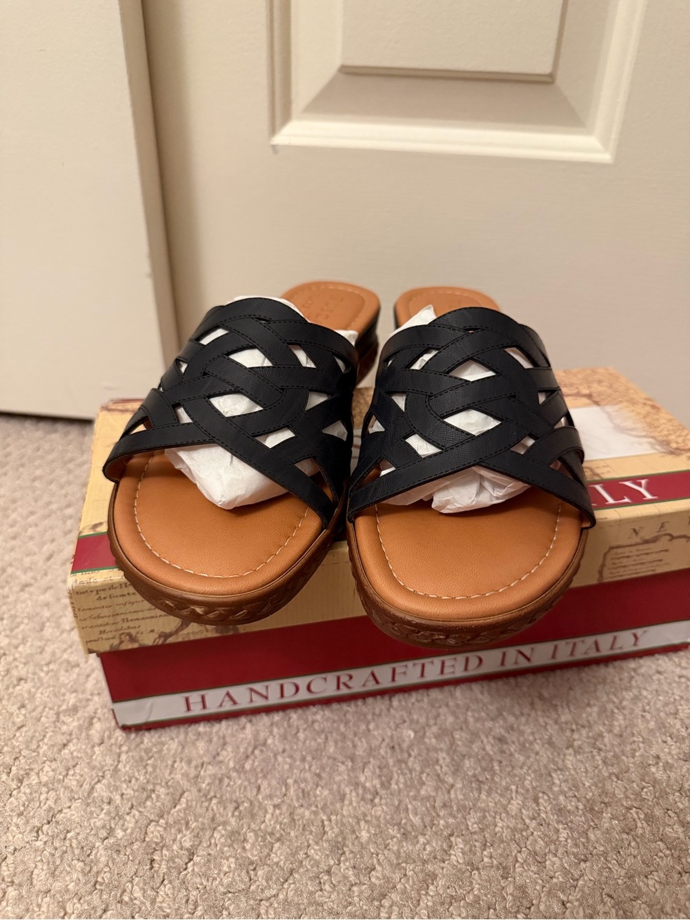 Woven Slide Sandals in Black with Tan Footbed
